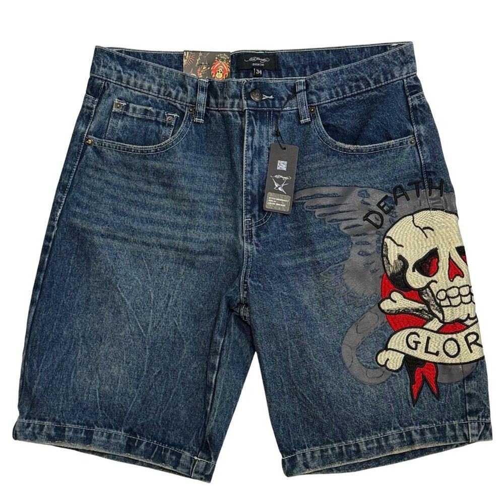 Ed Hardy Denim Skater Short Death or Glory Skull Men’s 34 Medium Wash NWT